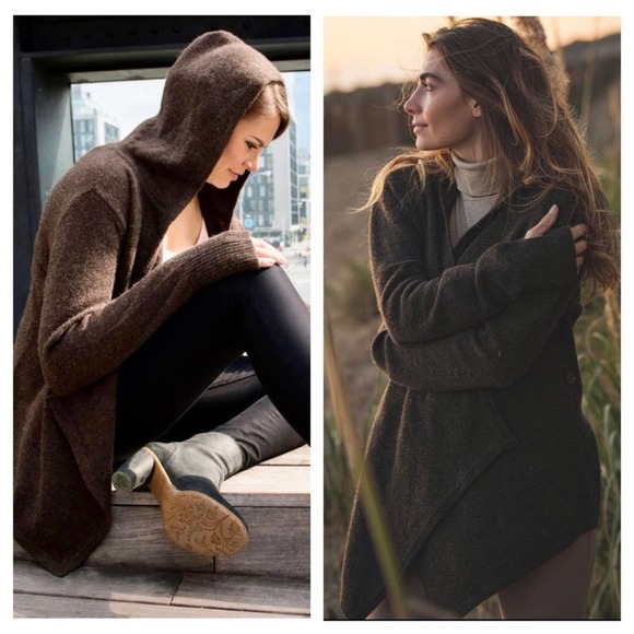 Betabrand Sweaters - Betabrand Wrap Wool Alpaca Blend Hoodie Thumb Hole Cardigan Chocolate Brown L/XL